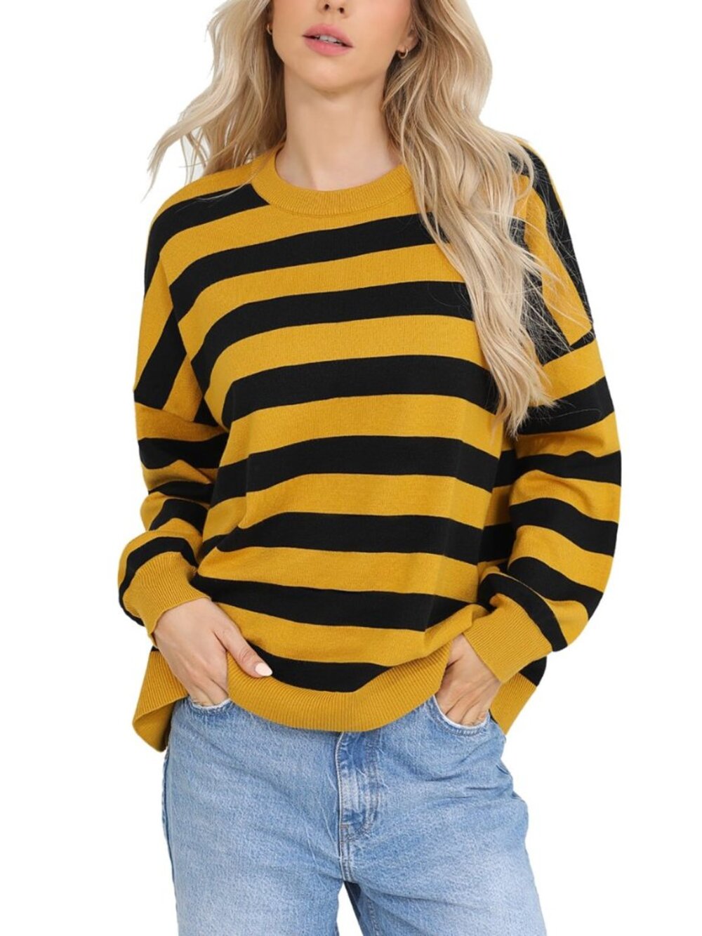 Womens Oversized Sweaters Casual Long Sleeve Crewneck Striped Knit Pullover Tops
